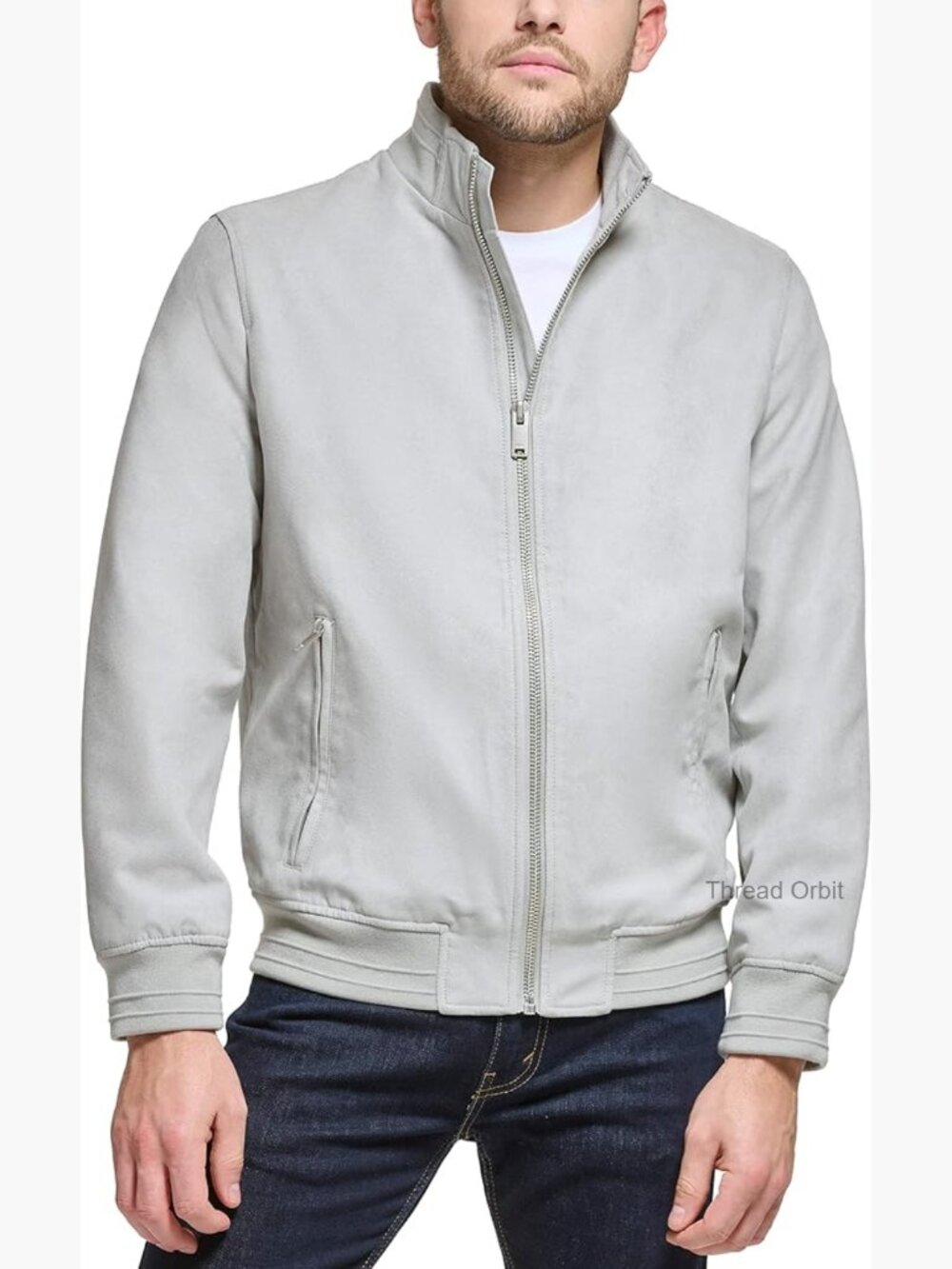 Modern Knit Collar Bomber Jacket Faux Suede Lightweight - Picture 1 of 6